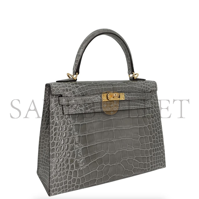 H**mes master kelly 25 sellier gris cement shiny alligator gold hardware (25*17*7cm)